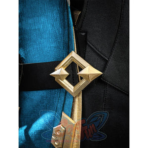 Genshin Impact Varka cosplay costume belt buckle detail with gold diamond frame and star decorations