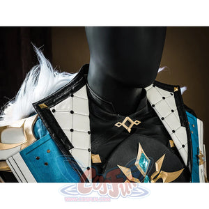Genshin Impact Varka cosplay costume shoulder detail with white fur collar and black leather armor accents