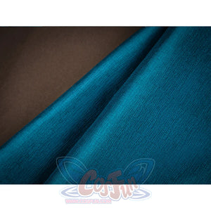 Genshin Impact Varka cosplay costume turquoise fabric closeup showing textile texture and draping quality