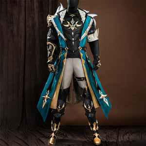 Genshin Impact Varka cosplay costume front view with turquoise coat, gold accents, and black armor details
