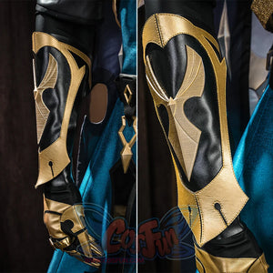 Genshin Impact Varka cosplay costume gauntlets showing gold and black leather with star ornament details