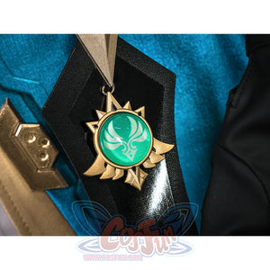 Genshin Impact Varka cosplay costume ornament detail with gold sunburst frame and turquoise emblem pendant
