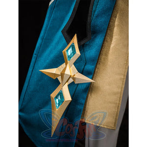 Genshin Impact Varka cosplay costume pendant closeup with gold four-pointed star and turquoise gem detail