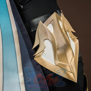 Genshin Impact Varka cosplay costume golden shoulder armor with white geometric pattern and angular design