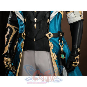 Genshin Impact Varka cosplay costume waist area with turquoise belt, gold buckle, and star ornaments