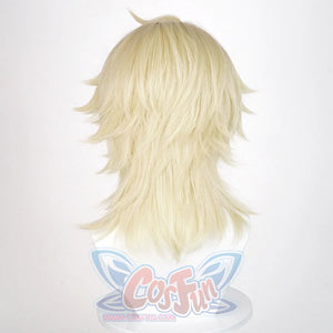 Varka cosplay wig back view showing light blonde hair with layered wolf cut and natural flow