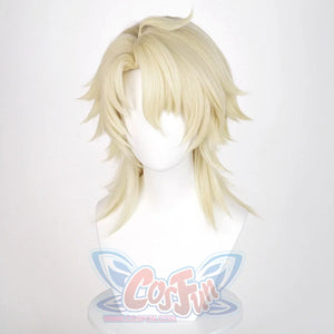 Varka cosplay wig left side view with light blonde layered hair and natural flowing strands