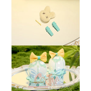Yaoyao cosplay costume accessories set including teal ribbons, yellow bows, white flower hairpin, and teal clips