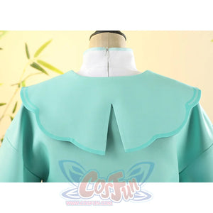 Yaoyao cosplay costume coat back view displaying teal fabric, collar details, and white neckline with zipper