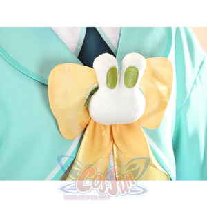 Yaoyao cosplay costume bow detail featuring yellow fabric and white bunny-shaped pom-pom decoration