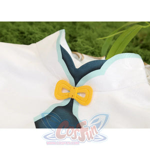 Yaoyao cosplay costume collar detail showing white fabric with yellow bow tie and teal trim accents