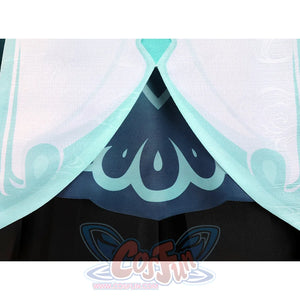 Yaoyao cosplay costume skirt hem detail featuring decorative blue swirl pattern on light fabric
