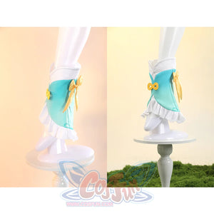 Yaoyao cosplay costume leg warmers featuring teal fabric with white ruffles and yellow ribbon decoration