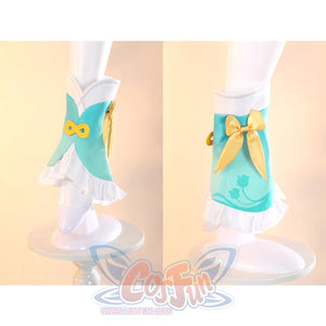Yaoyao cosplay costume leg warmers front and side view with teal fabric, yellow bow ties, white ruffles