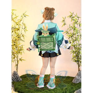 Yaoyao cosplay costume back view showcasing green bamboo basket backpack, teal coat, and black shorts with bamboo