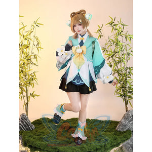 Yaoyao cosplay costume front view featuring teal coat, white sleeves, yellow bow, and black shorts with bamboo setting