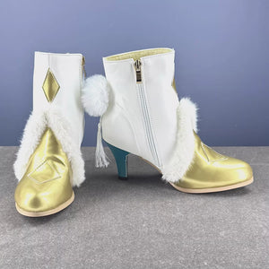 White and gold Zibai cosplay shoes with fluffy white fur trim, front zipper, and golden diamond accents