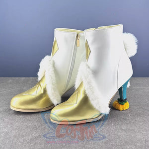Left side view of Zibai cosplay shoes showing white boots with gold toe caps, side zipper, and fur trim