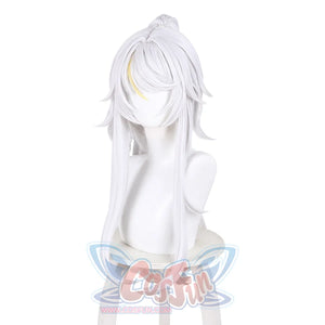 Zibai cosplay wig temple area detail with white hair, gold strand accent and styled bun