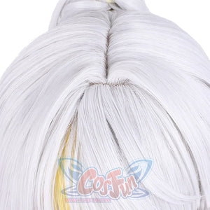 Zibai cosplay wig detailed close-up of white hair texture, parting and gold strand integration