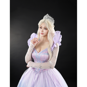 Glinda Cosplay Costume Premium Version, showcases a sparkling blue and purple gown.