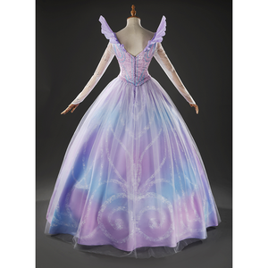 Glinda Cosplay Costume Premium Version, sparkling blue and purple princess gown, back view.