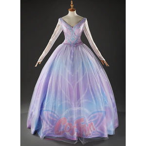 Glinda Cosplay Costume Premium Version, sparkling blue and purple princess gown, front view.