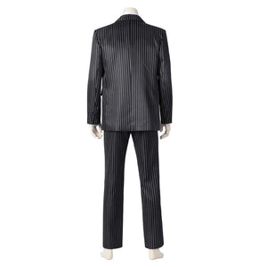 Back view of the Gomez Adams cosplay suit, featuring the blazer’s pinstripe pattern and trouser design, against a plain white background.