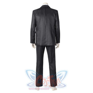 Back view of the Gomez Adams cosplay suit, featuring the blazer’s pinstripe pattern and trouser design, against a plain white background.