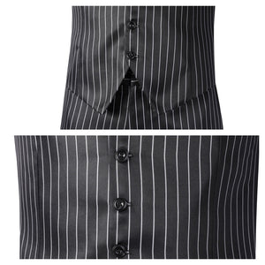 Close - up of the Gomez Adams cosplay vest’s buttons and fit, showcasing design details and structure, against a plain white background.