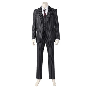 Mannequin presents the complete Gomez Adams cosplay suit, featuring a pinstripe blazer, vest, shirt, tie, and trousers, against a plain white background.