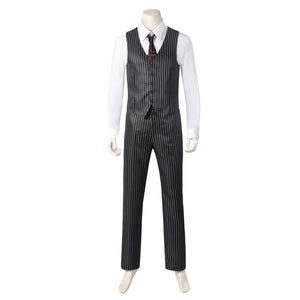 Mannequin displays the Gomez Adams cosplay ensemble centered on the pinstripe vest, paired with a white shirt, tie, and trousers, against a plain white background.