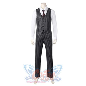 Mannequin displays the Gomez Adams cosplay ensemble centered on the pinstripe vest, paired with a white shirt, tie, and trousers, against a plain white background.