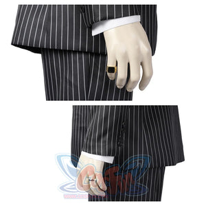 Dual close - up of the Gomez Adams cosplay suit’s hand accessories and blazer cuffs, highlighting rings and button details, against a plain white background.