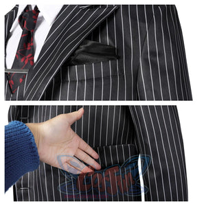 Dual view of the Gomez Adams cosplay blazer’s pocket square and pocket, with a hand demonstrating the pocket functionality, against a plain white background.
