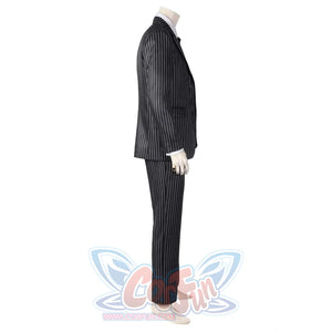 Side perspective of the Gomez Adams cosplay suit, showcasing the blazer’s length, trouser fit, and overall silhouette, with a plain white background.