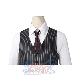Close - up of the Gomez Adams cosplay vest, shirt, and tie, highlighting the floral tie design and tie clip, against a plain white background.