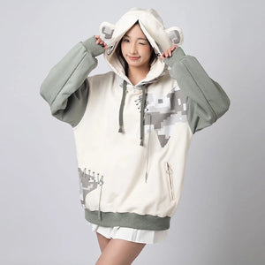 Person wearing adorable gorilla Full Zip Hoodie with gray sleeves and white body, playfully holding hood ears