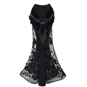 Back view of gothic black mermaid skirt on mannequin, featuring lace overlay with floral applique and purple sash.