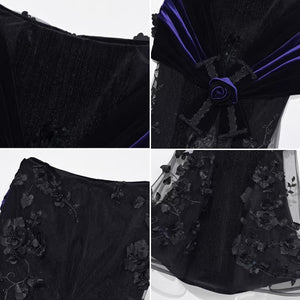 Four-panel close-up showing fabric details: pleated black textile, purple velvet sash with beaded rose, and lace floral applique.