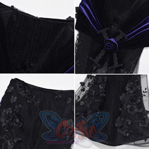 Four-panel close-up showing fabric details: pleated black textile, purple velvet sash with beaded rose, and lace floral applique.