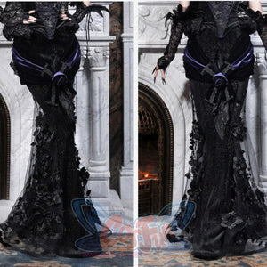 Two-angle view of a gothic black mermaid skirt showing floral lace applique on the hem, with a purple velvet sash.
