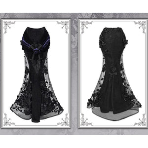 Two-panel comparison showing front and back views of gothic black lace mermaid skirt on a mannequin form.