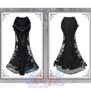 Two-panel comparison showing front and back views of gothic black lace mermaid skirt on a mannequin form.