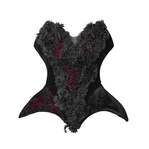 Gothic corset bustier top on white background with black velvet body, red brocade panel, and 3D floral embellishments.