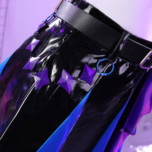 Detail shot of the Guinevere punk costume mini skirt with shiny black, blue, and purple patchwork.