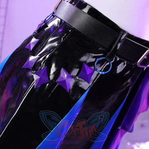 Detail shot of the Guinevere punk costume mini skirt with shiny black, blue, and purple patchwork.