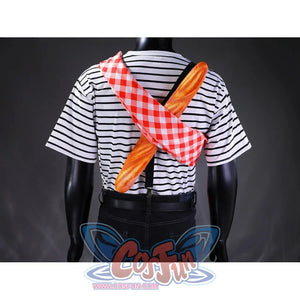 Gustave cosplay back detail showing a baguette and red checkered scarf crossed diagonally over the striped shirt