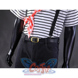Gustave cosplay waist detail with black belt, gold buckle, suspenders, and red checkered scarf knot