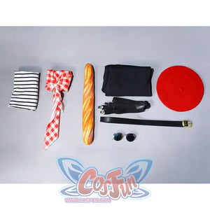 Gustave cosplay complete set flat lay including striped shirt, red beret, scarf, baguette, suspenders, belt, and sunglasses